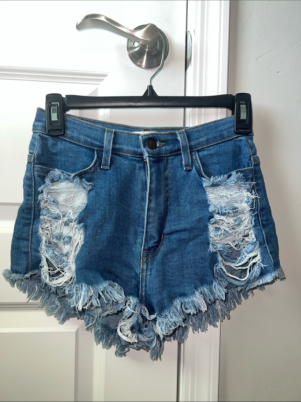 High-Rise Distressed Denim Shorts - Blue